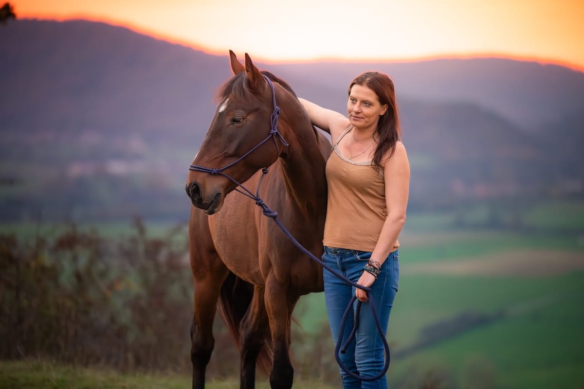 Cheval très zen au contact de la praticienne bien-être animal