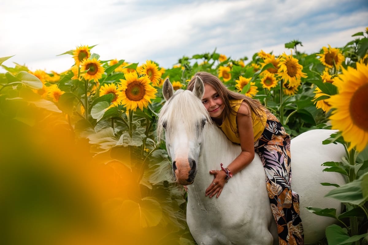 Instant de connexion entre une jeune fille et un cheval, au milieu de plantes